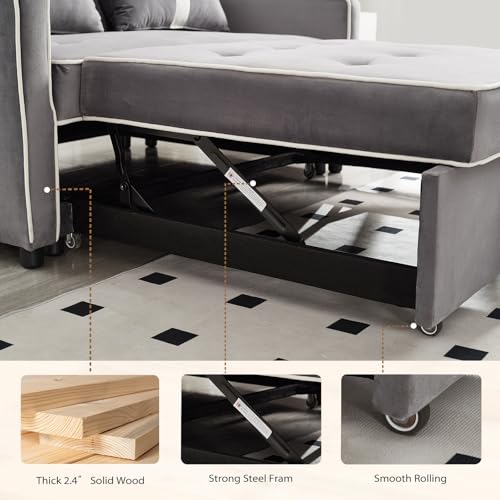 STBIGSLEP 3 in 1 Convertible Sleeper Sofa Bed, Small Couch for Living Room Bedroom with Pullout Bed Adjustable Backrest,Velvet,Loveseat Sofa Bed,Futon Couches (Grey) STBIGSLEP