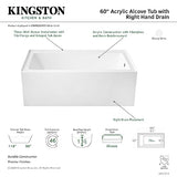 Aqua Eden VTAP6032R22 60-Inch Acrylic 3-Wall Alcove Tub with Right Hand Drain Hole, Glossy White Kingston Brass