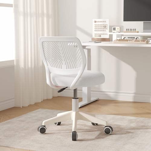 SJZNOI Armless Desk Chair Swivel Office Rolling Chair with Soft Padded Cushion, Height Adjustable Small Task Chair, Ergonomic Study Computer Chair for Kids Girls Boys Teens (White, 1PC) SJZNOI