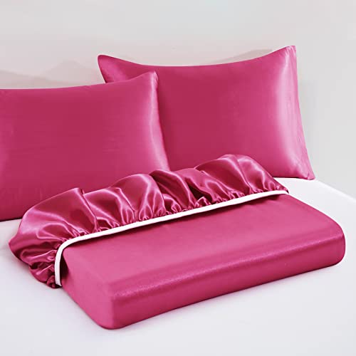 VACVELT 3pcs Extra Deep Pocket Satin Fitted Sheet Set Full Bed Set, Hot Pink Bottom Sheet Fit 18-24 Inch Deep Pocket Mattress, Silky Bedding Set Soft & Ultra Deep Fitted Sheet & 2 Pillowcase VACVELT