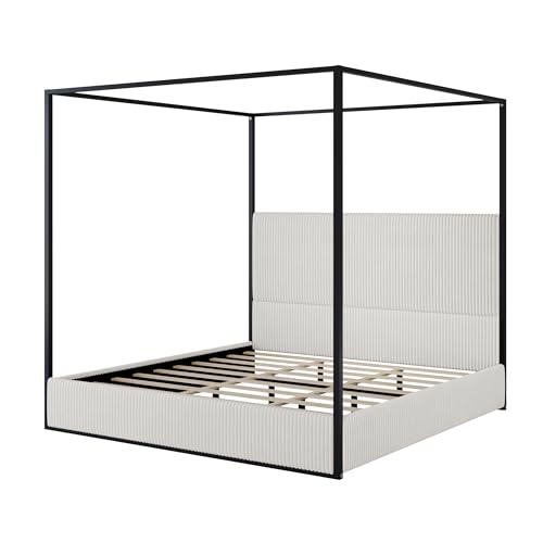 LUMISOL Queen Size Upholstered Canopy Bed, Metal 4 Poster Platform Bed with Tall Corduroy Headboard, Black Canopy Bed Frame with Headboard, No Box Spring Needed, White