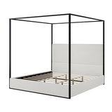 LUMISOL Queen Size Upholstered Canopy Bed, Metal 4 Poster Platform Bed with Tall Corduroy Headboard, Black Canopy Bed Frame with Headboard, No Box Spring Needed, White