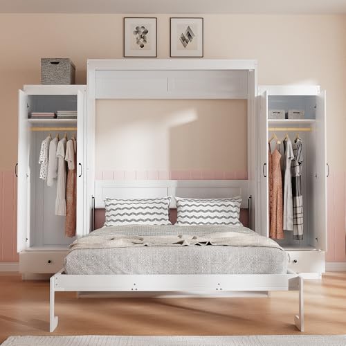 PVWIIK Queen Size Murphy Bed with 2 Wardrobe and Storage Drawer, for Adult,Girls,Boys,Solid Wood Cabinet Bed Frame/Multifunctional Hidden Wall Bed Cabinet,Space-Saving,No Box Spring Needed,White PVWIIK