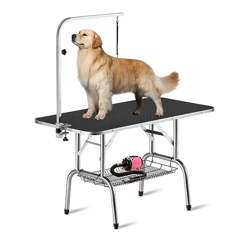 Polar Aurora 46'' Dog Grooming Table, Heavy Duty Pet Grooming Table for Dogs at Home Foldable Grooming Table w/Adjustable Arm & Noose & Mesh Tray Professional Dog Show Stainless Steel Black - WoodArtSupply