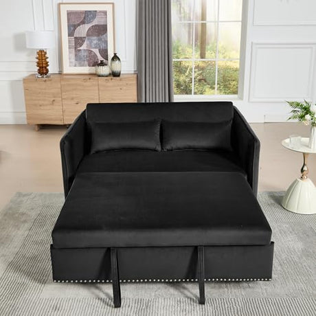 HKYYUANQI Velvet Small Loveseat Lounge Couches, 3 in 1 Convertible Sleeper Futon Sofa Bed with Reclining Backrest and Side Pockets for Living Room, Pull-Out Couch HKYYUANQI