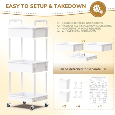 Goovilla Diaper Cart with Lockable Wheels and Easy Assembly, 3 Tier White Rolling Cart for Baby Nursery Storage, Sturdy Ample Diaper Caddy Organizer for Baby Girl, Boy, New Mom, Newborn Essentials Goovilla