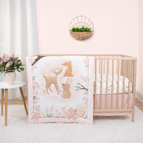 The Peanutshell 3 Piece Baby Crib Bedding Set for Girls - Newborn, Infant & Toddler Nursery Bed Set Decor with Fitted Crib Sheet, Dust Ruffle Comforter - Fairytale Forest The Peanutshell
