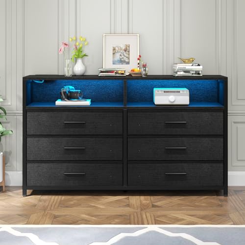 Loomie 6 Drawers Dresser with Power Outlets and LED Lights, Black Dresser with 2 Top Cubby, Tall Wide Fabric Double Chest of Drawers,Modern Dresser Tv Stand for up to 60" TV for Bedroom, Living Room Loomie