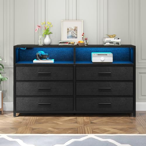 Loomie 6 Drawers Dresser with Power Outlets and LED Lights, Black Dresser with 2 Top Cubby, Tall Wide Fabric Double Chest of Drawers,Modern Dresser Tv Stand for up to 60" TV for Bedroom, Livi - WoodArtSupply