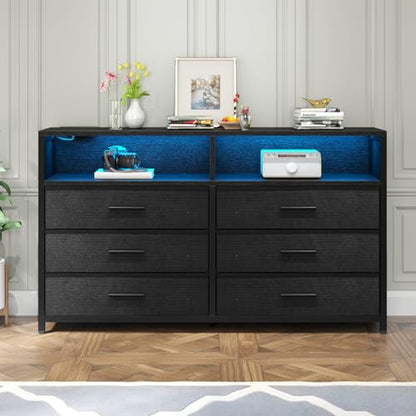 Loomie 6 Drawers Dresser with Power Outlets and LED Lights, Black Dresser with 2 Top Cubby, Tall Wide Fabric Double Chest of Drawers,Modern Dresser Tv Stand for up to 60" TV for Bedroom, Livi - WoodArtSupply