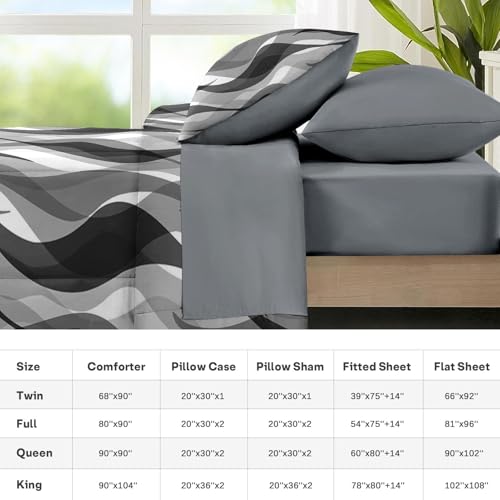 Nesker Comforter Set Queen Size, Minimalist 7 Pcs Bedding for Kids and Adults, Black White Gray Wave Bed Sheet Sets with Fitted Sheet 2 Pillowcases & 2 Shams Nesker