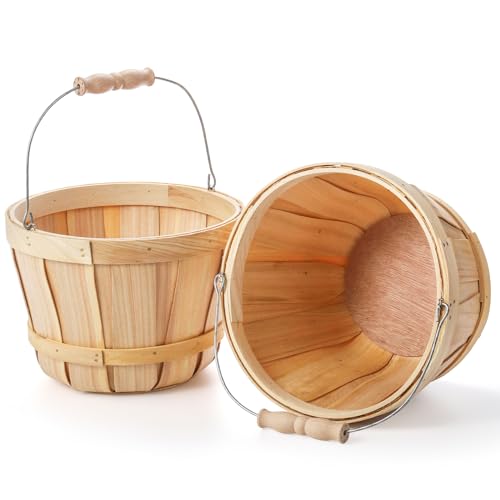 Okllen 2 Pack Round Wooden Baskets with Handle, Empty Wood Fruit Buckets, Fall Harvest Basket for Display Fruits Vegetables, Home Garden and Party Supplies, Natural Color Okllen