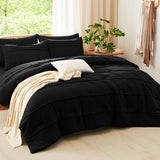 CozyLux Queen Comforter Set Black, 7 Pieces Soft Pinch Pleat Bed in a Bag Queen Comforter Set with Sheets, Boho Bed Set with Down Alternative Comforter, Sheets, Pillowcases & Shams CozyLux