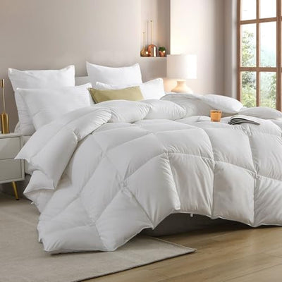 Cobnom® Hotel Luxury Feather Down Comforter Twin Size, Medium Warm All Season Duvet Insert, Silky Soft Egyptian Cotton Blend Cover, Ethically Sourced Feather & Down Filled, 68x90 Inch, White