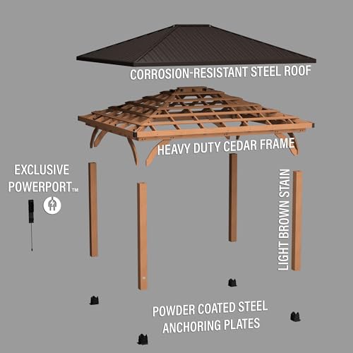 Backyard Discovery Barrington 14 ft. x 12 ft. Hip Roof Cedar Wood Gazebo Pavilion, Shade, Rain, Hard Top Steel Metal Roof, All Weather Protected, Wind Resistant up to 100 mph, Holds up to 10650 lbs Backyard Discovery