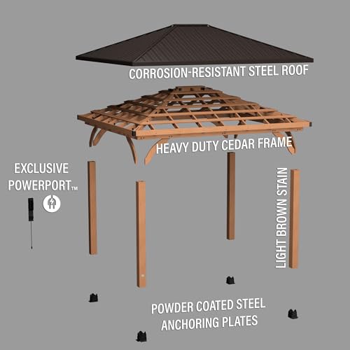 Backyard Discovery Barrington 14 ft. x 12 ft. Hip Roof Cedar Wood Gazebo Pavilion, Shade, Rain, Hard Top Steel Metal Roof, All Weather Protected, Wind Resistant up to 100 mph, Holds up to 106 - WoodArtSupply