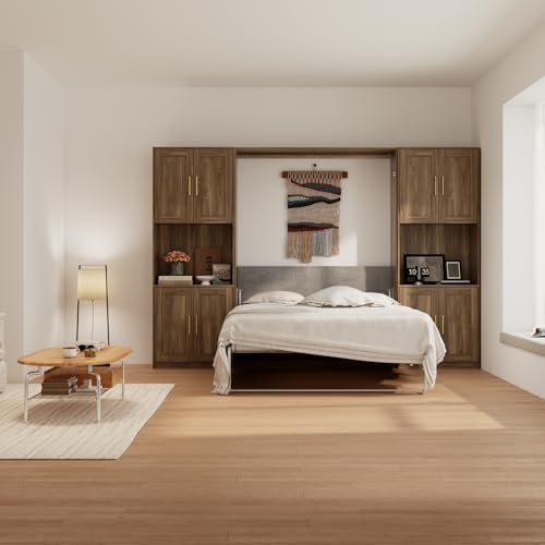 Jiaoun Queen Murphy Bed,Farmhouse Guest Beds,Folding Wall Bed with Hydraulic Bar,64" W Twin Murphy Beds with 2 Cabinet for Small Spaces/Offices/Apartments/Guest Room,Brown Jiaoun