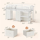 Low Loft Bed Twin Size with 7 Storage Drawers, Desk and LED Lights, Heavy Duty Metal Kids Loft Bed with 12" H Safety Guardrail, Anti-Collision Pad, Private Play Curtain, Under-Bed Play Space (White) Jocoevol