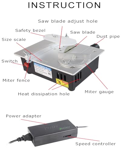Mini Table Saw, RTOVZON 96W Mini Desktop Electric Saw Cutter 7.1"x5.5", Cut Thickness Adjustable Precision Craft Table Saw with Speed & Angle Adjust 4* Blades, Available for Wood/PCB/Acrylic/Plastic RTOVZON