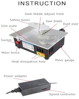 Mini Table Saw, RTOVZON 96W Mini Desktop Electric Saw Cutter 7.1"x5.5", Cut Thickness Adjustable Precision Craft Table Saw with Speed & Angle Adjust 4* Blades, Available for Wood/PCB/Acrylic/Plastic RTOVZON