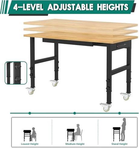 Adjustable Heavy Duty Workbench with Drawers,Rubber Wood Top Working Table, 2500 LBS Load Capacity DUSACOM