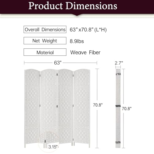 Rose Home Fashion 6 ft Tall Room Divider, Room Dividers and Folding Privacy Screens, 15.7in Privacy Screen 4 Panel Partition Temporary Wall Separation for Private, White Rose Home Fashion