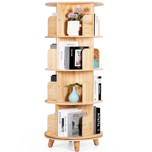 Rengue 4-Tier 360° Rotating Bookshelf Tower - Solid Wood Corner Organizer in Natural Finish Rengue