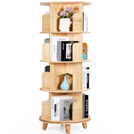 Rengue 4-Tier 360° Rotating Bookshelf Tower - Solid Wood Corner Organizer in Natural Finish Rengue
