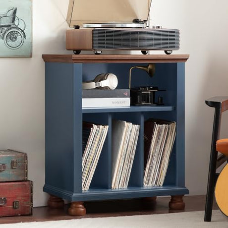 Joaxswe Record Player Stand with Vinyl Record Storage, 24" Wide Mid-Century Record Player Table Up to 200 Albums,Large Wood Turntable Stand Cabinet Dispaly Shelf for Living Room,Bedroom,Blue Joaxswe