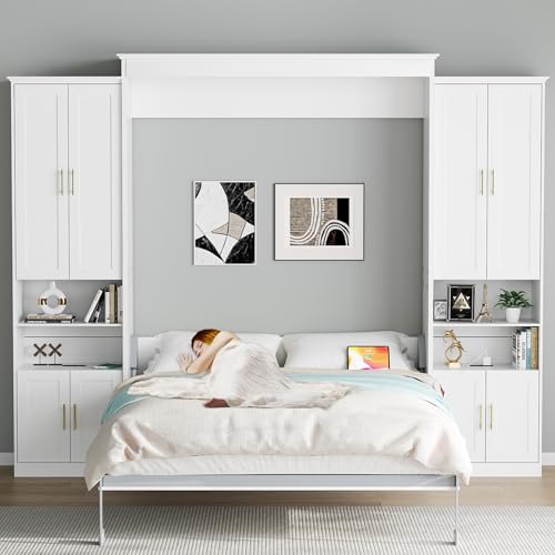 Rophefx Murphy Bed Queen with 2 Side Cabinet Storage Shelves, Queen Wall Bed Cabinet with USB Port, Wood Foldable Platform Bed Frame, Space Saving Beds, Modern Hidden Bed for Guest Room, Home, White Rophefx