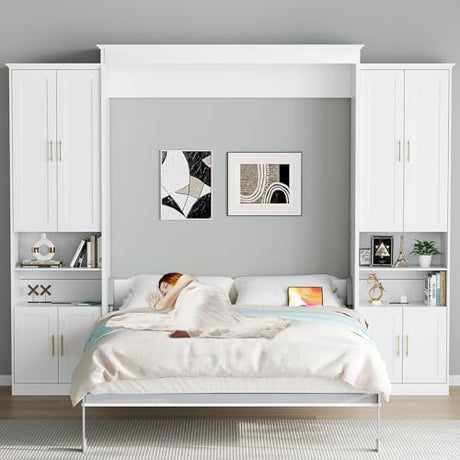 Rophefx Murphy Bed Queen with 2 Side Cabinet Storage Shelves, Queen Wall Bed Cabinet with USB Port, Wood Foldable Platform Bed Frame, Space Saving Beds, Modern Hidden Bed for Guest Room, Home, White Rophefx