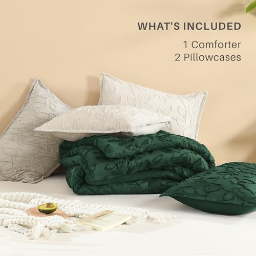 Litanika Queen Size Comforter Set Emerald Green, 3 Piece Dark Green Boho Tufted Bedding, Forest Green Fluffy Farmhouse Bed Set for All Season with 2 Leaf Pattern Pillowcases（90x90In）