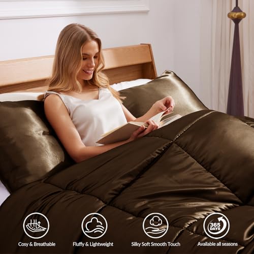 Whale Flotilla 3-Piece Reversible Silky Soft King Size Comforter Bedding Set, Luxurious Satin Comforters Oversized with 2 Satin Pillowcases, Lightweight Duvet for All Seasons, Brown Whale Flotilla