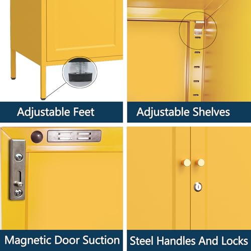 Yellow Metal Storage Cabinet Locker with 2-Adjustable Shelves 2 Door Multi-Purpose Organize Lockers 36‘’ Lockable Steel Sideboard with for Living Room Kitchen Entryway Size：36" H X 31.5" W X 13.8" D Kasfth