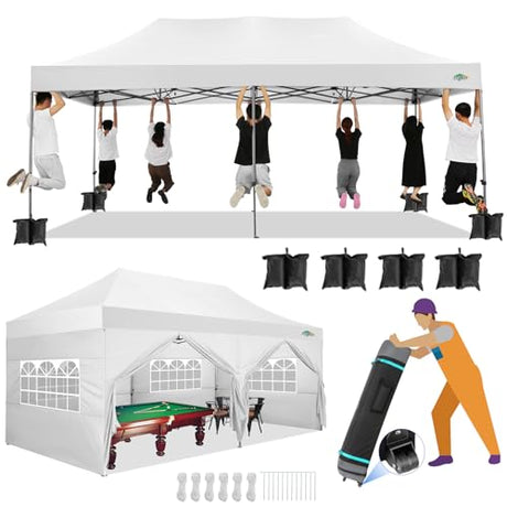 COBIZI 10x20 Canopy with Sidewalls, Heavy duty Party Tent Pop up carpas para fiestas, Tents for Parties, wedding, Outdoor Ez up Foldable Portable Canopy Tent with Wheeled Bag, White(Windproof Upgrade) COBIZI