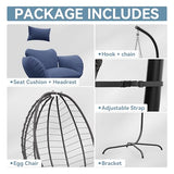 ALAULM Foldable Egg Chair with Stand, 485LBS Capacity Wicker Rattan Hammock Swing Chair for Outdoor & Indoor, Patio Hanging Chair with Strong Frame & UV Resistant Cushion for Balcony, Bedroom, Blue
