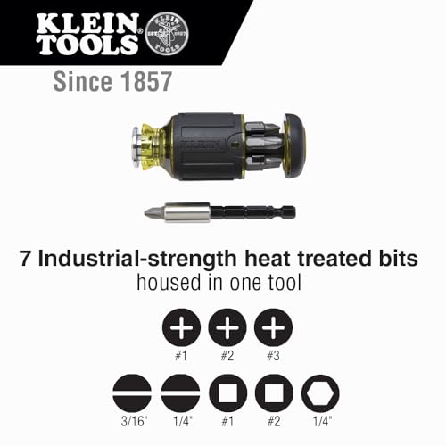 Klein Tools 32308 Multi-bit Stubby Screwdriver, Impact Rated 8-in-1 Adjustable Magnetic Tool with Phillips, Slotted, Square and Nut Driver Klein Tools