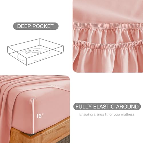 Yibeizi Twin Sheets Set, Pink Cooling Hypoallergenic Microfiber Single Bed Sheets, Soft Oeko-Tex Extra Deep Pocket Sheets & Pillowcases Wrinkle Free Bedsheets Yibeizi