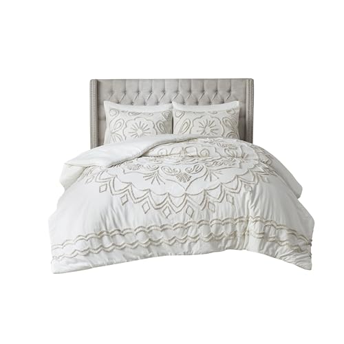 Madison Park Violette Chenille Cotton Tufted Comforter Large Medallion Design, All Season, Hypoallergenic, Soft Bedding Set, Matching Sham, Full/Queen, Ivory/Taupe 3 Piece Madison Park