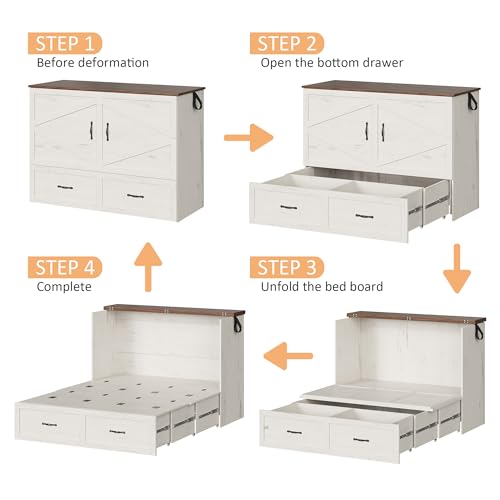 Harpaq Full Size Murphy Bed, Full Size Mobile Cabinet Bed Frame, Farmhouse Wooden Cabinet with Storage Drawer for Bedroom/Office/Guest Room, White+Barnwood Harpaq