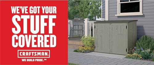 Craftsman Horizontal Shed, Compact Outdoor Storage System, 34 Cu. Ft. Capacity, Made in USA - Lockable Multi-Wall Resin Organizer for Garbage Cans, Garden Tools, Bins, Bikes and Yard Equipment CRAFTSMAN