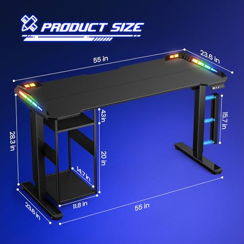 Gaming Standing Desk with LED Lights & Host Shelf, 55" x 24" Gaming Table with Music Sensing APP Control, Underdesk Cable Storage Electric Standing Desk, Black Carbon Fiber PC Table for Home Office Flycity