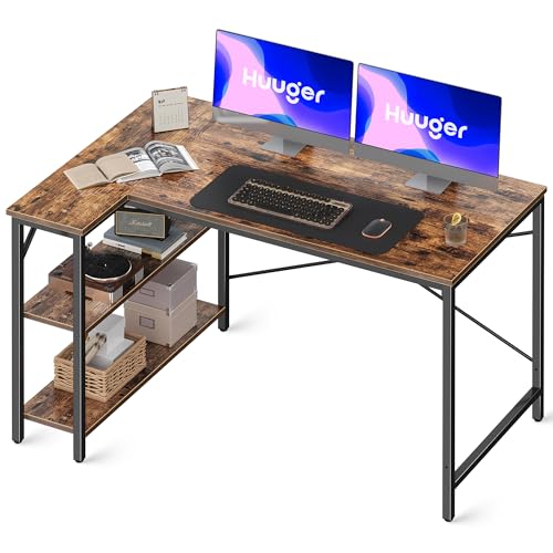 Huuger L Shaped Computer Desk with Reversible Storage Shelves, Gaming Corner Desk for Home Office, Writing Study Desk with Metal Frame, Rustic Brown - WoodArtSupply