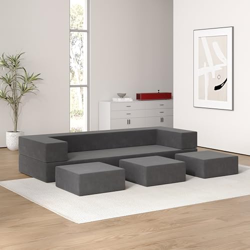Vivaadecor Floor Sofa Bed, Queen Velvet Folding Sofa Couch with 3 Ottomans, Sleeper Foam Couch with Removable Cover, Futon Convertible Sofa Bed for Living Room/Guest/Play Room/Office/Dorm(Dark Grey) Vivaadecor