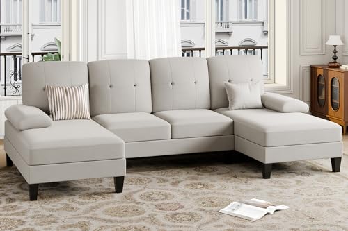 JAMFLY Sectional Sofa Couches for Living Room, 4 Seat U-Shaped Sofa Couch Living Room Furniture Sets Clearance with Double Chaises, Beige JAMFLY