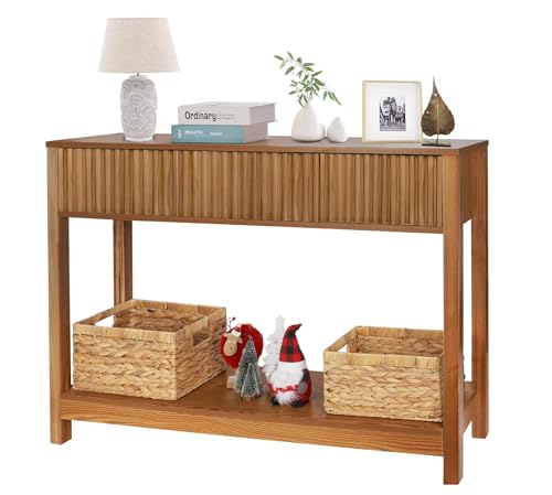 Fluted Console Table with Storage, 48" Long Entryway Slim Sofa Table Behind Couch Entry Tables, Narrow Wood Hallway Modern Living Room Couch Foyer Entrance Tables Brown ZYBT
