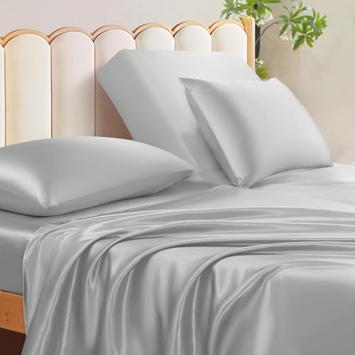 Manyshofu 4Pcs Half Split Flex Head King Sheets Sets for Adjustable Bed, Satin Split King Bed Sheets Silky Grey Satin Sheets Top Flex Sheet - Cooling Sheet Set with 14-16 Inch Deep Pockets Manyshofu