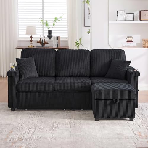 76.8" L-Shaped Sleeper Sofa with Storage Ottoman, USB Ports, Cup Holders&LED Lights, Side Pockets, Comfy Corduroy Modern 3-Seater Small Couch Bed for Living Room with 2 Throw Pillows (Black) SLEERWAY