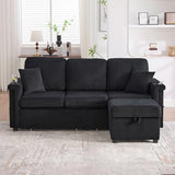 76.8" L-Shaped Sleeper Sofa with Storage Ottoman, USB Ports, Cup Holders&LED Lights, Side Pockets, Comfy Corduroy Modern 3-Seater Small Couch Bed for Living Room with 2 Throw Pillows (Black) SLEERWAY