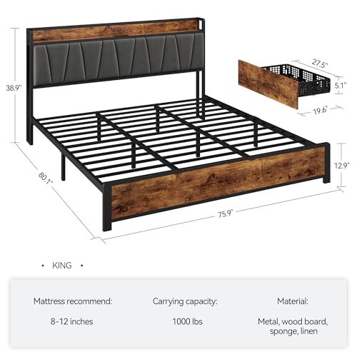 GarveeHome King Size Bed Frame with 4 Storage Drawers, Upholstered Storage Charging Headboard, Heavy Duty Metal Platform Bed Frame, Noise Free, No Box Spring Needed, Rustic Brown GarveeHome